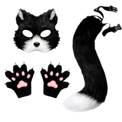 Halloween Maske Tiermasken Fuchs Wolf Maske Cosplay Kostüme Plüsch Maskerade Pfote Handschuhe Requisiten Plüsch Katze Halbes Gesicht Masken von Generisch