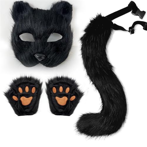 Halloween Maske Tiermasken Fuchs Wolf Maske Cosplay Kostüme Requisiten Plüsch Katze Halbes Gesicht Masken Plüsch Maskerade Pfote Handschuhe von Generisch