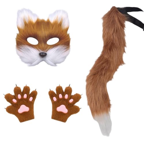 Halloween Maske Tiermasken Fuchs Wolf Maske Cosplay Kostüme Requisiten Plüsch Katze Halbes Gesicht Masken Plüsch Maskerade Pfote Handschuhe von Generisch