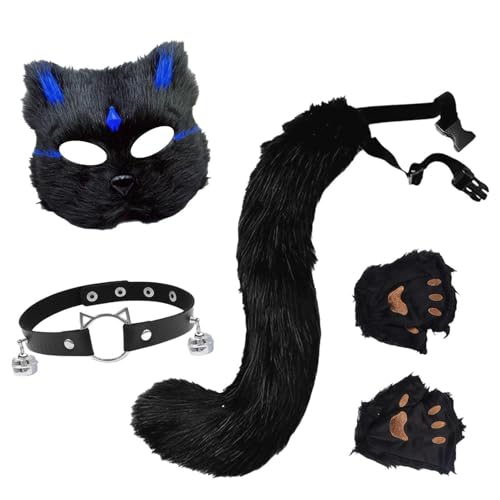 Halloween Maske Tiermasken Fuchs Wolf Maske Cosplay Kostüme Requisiten Plüsch Katze Halbes Gesicht Masken Plüsch Maskerade Pfote Handschuhe von Generisch