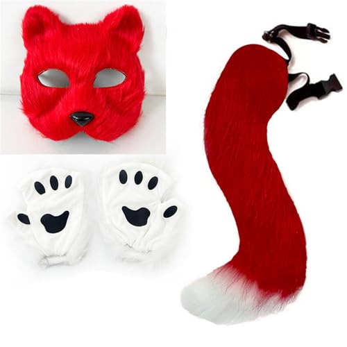 Halloween Maske Tiermasken Fuchs Wolf Maske Cosplay Kostüme Requisiten Plüsch Katze Halbes Gesicht Masken Plüsch Maskerade Pfote Handschuhe von Generisch