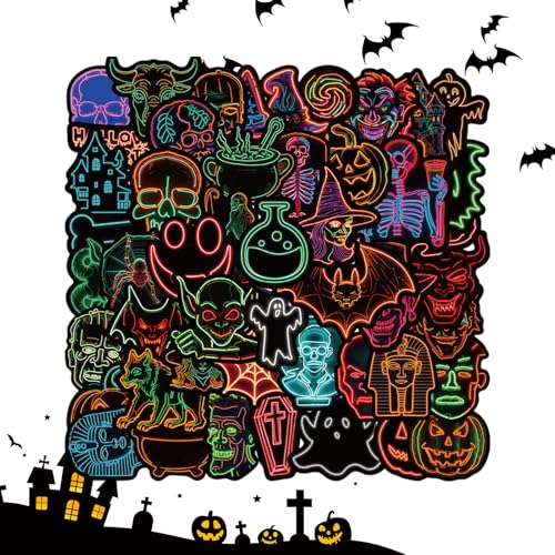 Halloween Neon -Aufkleber - 50pcs Scary Decals Pack | Wasserdichte Halloween -Aufkleber Für Kinder Und Erwachsene | Spooky Wasserflasche, Laptop, Notebook, Skateboard Und Partydekoration Für Urlaubsfe von Generisch