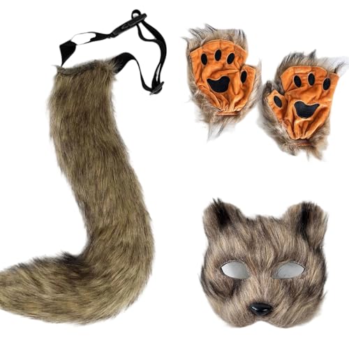 Halloween-Set, Fuchsmaske, Handschuhe, Kunstfell, Fuchsschwanz, Requisite, Zubehör (Braun 01, Einheitsgröße) von Generisch
