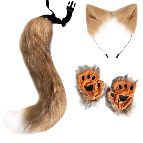 Halloween-Set, Fuchsmaske, Handschuhe, Kunstfell, Fuchsschwanz, Requisite, Zubehör (Braun 02, Einheitsgröße) von Generisch