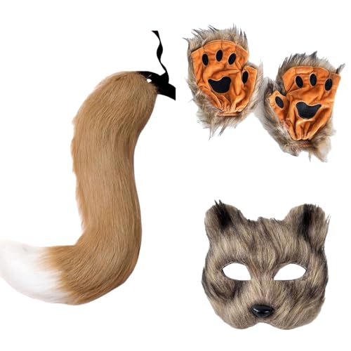 Halloween-Set, Fuchsmaske, Handschuhe, Kunstfell, Fuchsschwanz, Requisite, Zubehör (Braun 03, Einheitsgröße) von Generisch