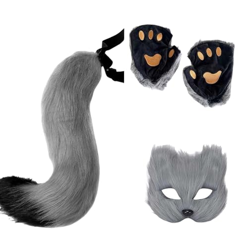 Halloween-Set, Fuchsmaske, Handschuhe, Kunstfell, Fuchsschwanz, Requisite, Zubehör (Grau 01, Einheitsgröße) von Generisch