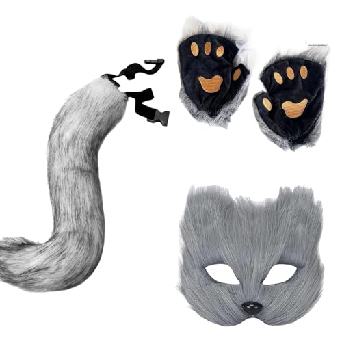 Halloween-Set, Fuchsmaske, Handschuhe, Kunstfell, Fuchsschwanz, Requisite, Zubehör (Grau 02, Einheitsgröße) von Generisch