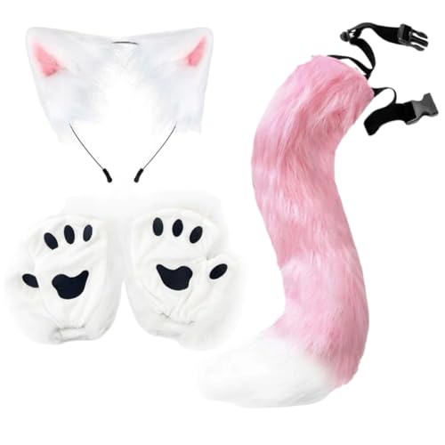 Halloween-Set, Fuchsmaske, Handschuhe, Kunstfell, Fuchsschwanz, Requisite, Zubehör (Pink 02, Einheitsgröße) von Generisch