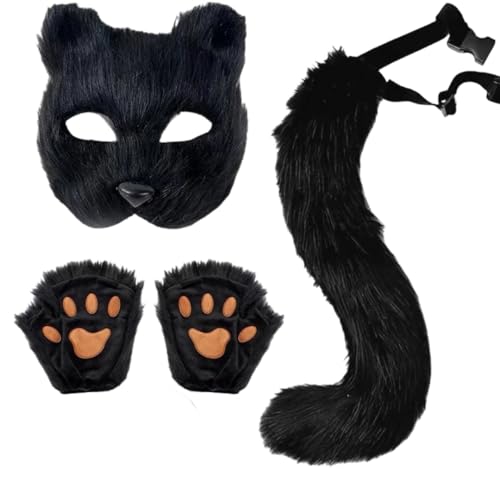 Halloween-Set, Fuchsmaske, Handschuhe, Kunstfell, Fuchsschwanz, Requisite, Zubehör (Schwarz 01, Einheitsgröße) von Generisch