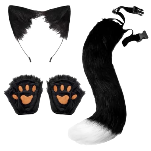 Halloween-Set, Fuchsmaske, Handschuhe, Kunstfell, Fuchsschwanz, Requisite, Zubehör (Schwarz 02, Einheitsgröße) von Generisch