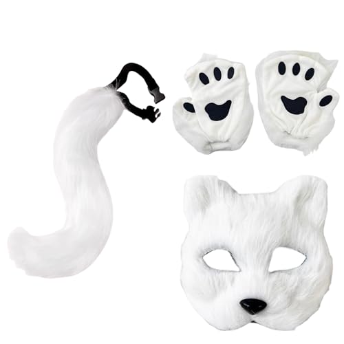 Halloween-Set, Fuchsmaske, Handschuhe, Kunstfell, Fuchsschwanz, Requisite, Zubehör (Weiß 01, Einheitsgröße) von Generisch