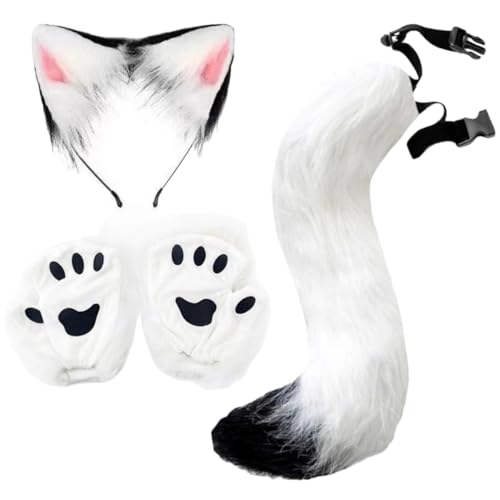 Halloween-Set, Fuchsmaske, Handschuhe, Kunstfell, Fuchsschwanz, Requisite, Zubehör (Weiß 03, Einheitsgröße) von Generisch