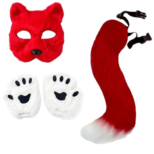 Halloween-Set, Fuchsmaske, Handschuhe, Kunstfell, Fuchsschwanz, Requisite, Zubehör (rot, Einheitsgröße) von Generisch