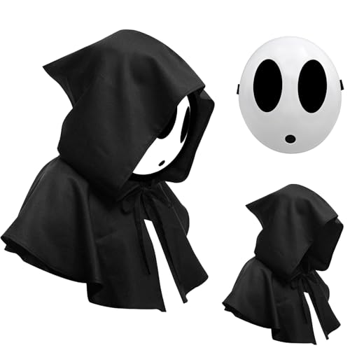 Generisch Shy Guy Maske Weiße Anime Maske mit Rittermantel für Jungen Mädchen Halloween Party Cosplay (Black, Girl) von Generisch