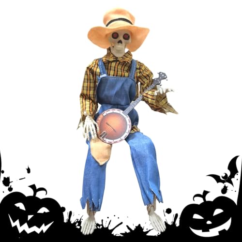 Halloween-Skelette, 50 cm, animiertes Halloween-Banjo-Skelett, gruselige Musik-Requisite mit verstellbaren Gelenken für Herbst, Rasen, Hof, Spukhaus von Generisch