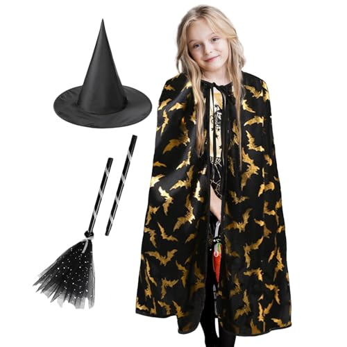 Halloween-Umhang für Kinder – 3 x schwarzes Hexenhut und Umhang-Set für Kinder, mit schwarzem Hexenhut und Besen, exquisiter Druck, Drama-Aufführungen, Umhang Halloween-Umhang für Kinder – 3 x schwarzes Hexenhut und Umhang-Set für Kinder, mit schwarzem Hexenhut und Besen, exquisiter Druck, Drama-Aufführungen, Umhang von Generisch