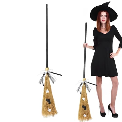 Halloween Witch Broom - Zauberer Fliegerbesenstick - Hexenbesenstick - Realistischer Zauberer Fliegerbesen Stick - Plastik Gras -Stoffmaterial Kinder Cosplay -Accessoire von Generisch