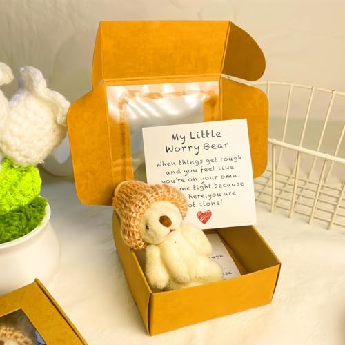 Handmade Mini Plush Teddy Bear in Box, Pocket Bear Mini Plush Doll in Box with Inspirational Card Sympathy Gift, Crochet Little Bears Hug with Knitted Hat and Pom Pom, Desk Accessories (D-1) von Generisch