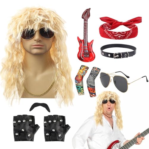 Herren 80er Rocker Kostüme - 10PCS Halloween Rockstar -Outfit mit Perücke, Stirnband, Handschuhen und Gitarre | Komplette Rockstar-Kostüm-Set für Männer, Retro Party Dress-up, Musikzubehör der 1980er von Generisch