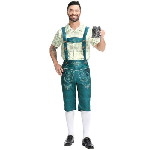 Herren Oktoberfest Bier Festival Kostüm Kariertes Hemd Overall Outfit für Sommer Party Feier Western Hut (Light Green, XL) von Generisch