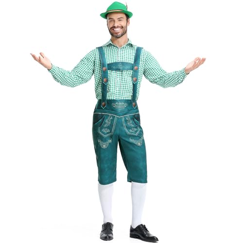 Herren Oktoberfest Bier Festival Kostüm Kariertes Hemd Overall Outfit für Sommer Party Feier Western Hut (Mint Green, M) von Generisch