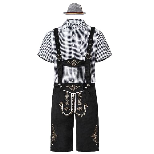 Herren Oktoberfest Tracht Oktoberfest Outfits Bayerisches Kostümfür Dress Up Party und Bierfest Hemd Hosenträger Hut Herren Kariertes Freizeithemd kurze Ärmel von Generisch