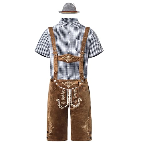 Herren Trachten Lederhose Kurz - Authentisches Oktoberfest Outfit mit Hosenträgern, Karohemd & Hut - Bayernhose für Bierfest, Motorradtreffen & Kostümpartys (Gr. M-XXL)​ von Generisch