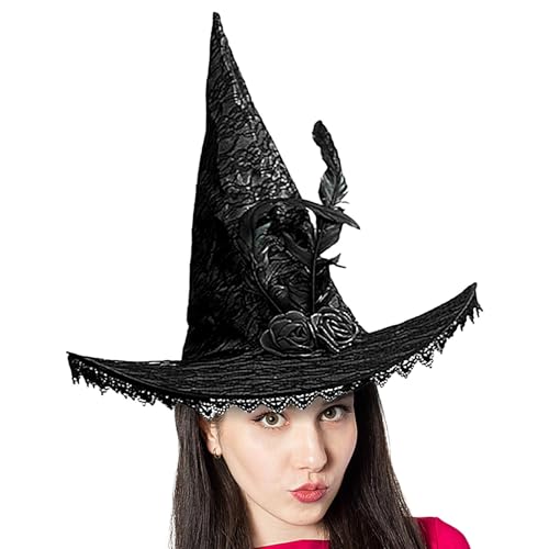 Hexenhut, Halloween-Kostüm, Zauberer-Hut für Erwachsene, mit Spitzenkrempe, Rosenfeder- , Zauberer, Cosplay, Halloween-Kostüm für Damen von Generisch