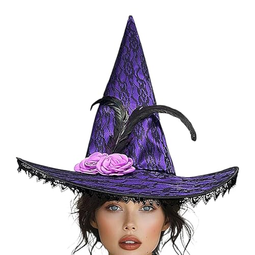 Hexenhut, Halloween-Kostüm, Zauberer-Hut für Erwachsene, mit Spitzenkrempe, Rosenfeder- , Zauberer, Cosplay, Halloween-Kostüm für Damen von Generisch