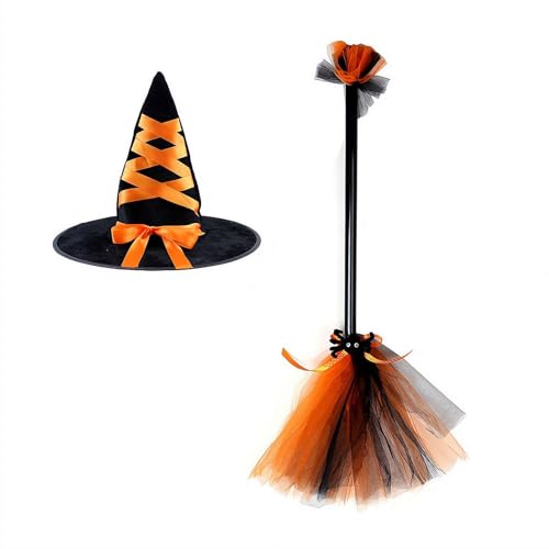 Hexenhut mit fliegendem Besen für Kinder, Halloween-Hexenbesen-Hut-Set, für Halloween (Orange) von Generisch
