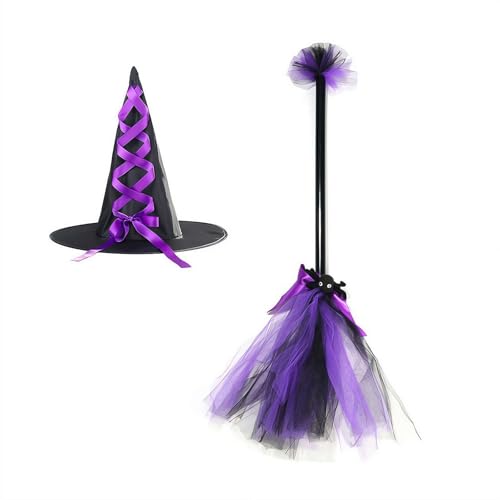 Hexenhut mit fliegendem Besen für Kinder, Halloween-Hexenbesen-Hut-Set, für Halloween (lila) von Generisch
