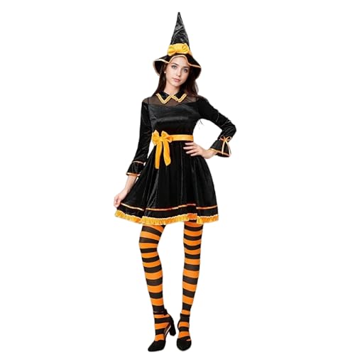 Hexenkostüm für Damen, Kürbiskleid, Outfit mit Hut, Halloween-Kostüm, komplettes Set mit Fliege, Gürtel für Karneval, Party (Schwarz + Gelb, XL) von Generisch