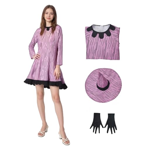 Hexenkostüm für Damen, lila gestreiftes Kleid mit Hut und Handschuhen für Halloween, Karneval, Party (lila, 3XL) von Generisch