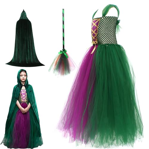 Hexenkostüm für Mädchen | Kinder Halloween Witch mit Besen und Cape | Cosplay -Maskerade -Outfit, Partybühnenkarneval -Vorräte, Abschlussball Performance mit Themenveranstaltungen, Kostümkleidun von Generisch
