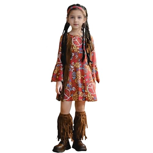 Hippie-Kostüm für Mädchen, 60er-/70er-Jahre-Kostüm-Outfits, Blumen-Power-Kostüm mit Hippie-Weste für Halloween, Karneval, Party (Rot 1, 10T-11T) von Generisch