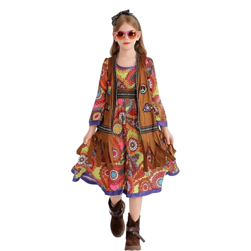Hippie-Kostüm für Mädchen, 60er-/70er-Jahre-Kostüm-Outfits, Blumen-Power-Kostüm mit Hippie-Weste für Halloween, Karneval, Party (Rot 2, 7T-8T) von Generisch