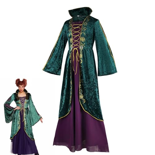 Generisch -Kostüme Für Erwachsene, Winifred Sanderson-Kostüm, Winifred Sandersons-Kleid Für Frauen, Mittelalterliches Grünes Samtkleid Für Damen, Hexenrobenkleid Cosplay-Kostüm Für Halloween-Karneval von Generisch