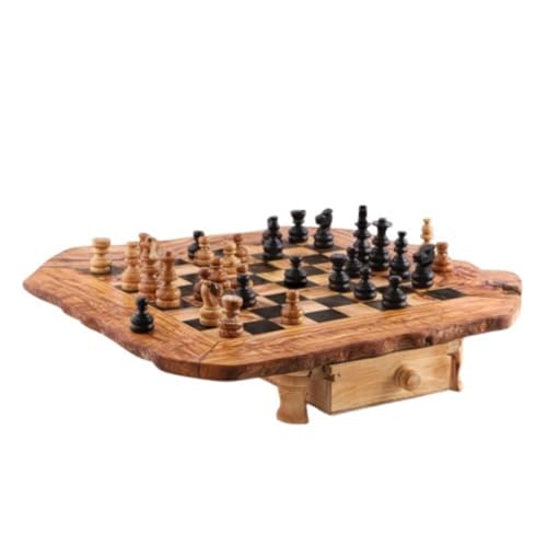 Holz Schachbrett, Schachtisch rustikal mit Schublade aus Olivenholz, Schachspiel, Handarbeit, 100% Bio Schachbrett aus Naturholz mit Füßen und eine intigrierte Schublade (Schwarz) von Generisch
