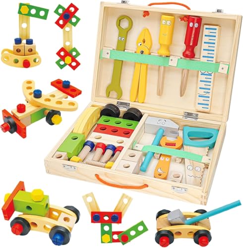 Holz Werkzeugkoffer Kinder – 34-teiliges Montessori Holzspielzeug mit Werkzeugen & Fahrzeugbausatz, Lernspielzeug ab 3 Jahren für Jungen & Mädchen von Generisch