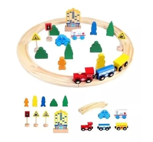 Holzeisenbahn Set für Kinder, 26-teilig, Oval-Schienensystem mit Zug, Autos und Zubehör Holzeisenbahn Set für Kinder, 26-teilig, Oval-Schienensystem mit Zug, Autos und Zubehör von Generisch