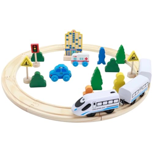 Holzeisenbahn Set mit Zug, Schienen und Zubehör, Stadtlandschaft mit Krankenhaus, Polizeiauto und Verkehrsschildern Holzeisenbahn Set mit Zug, Schienen und Zubehör, Stadtlandschaft mit Krankenhaus, Polizeiauto und Verkehrsschildern von Generisch