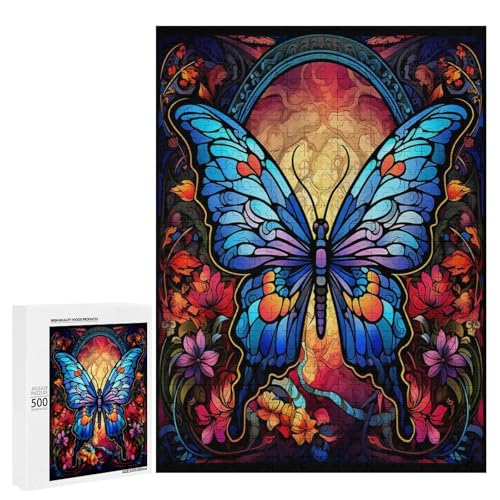 Holzpuzzle für Erwachsene, 300/500/1000 Teile, abstrakter Buntglas-Schmetterling, bunte, naive Kunst, Holz-Puzzle, einzigartige Form, Geburtstagsgeschenke für Erwachsene und Kinder, Familienspiel von Generisch