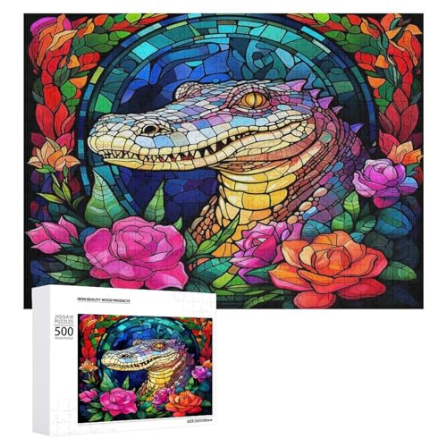 Holzpuzzle für Erwachsene, 300/500/1000 Teile, abstraktes Buntglas-Krokodil, bunt, naive Kunst, horizontales Holzpuzzle, Geschenke für Männer, Frauen und Senioren, Familienspiel von Generisch