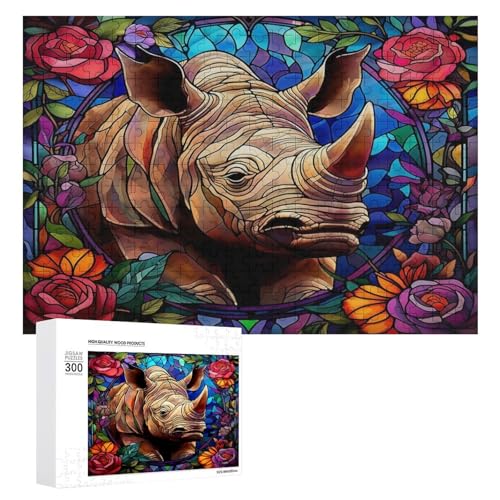 Holzpuzzle für Erwachsene, 300/500/1000 Teile, abstraktes Buntglas-Nashorn, bunte, naive Kunst, horizontales Holzpuzzle, Geschenke für Männer, Frauen und Senioren, Familienspiel von Generisch