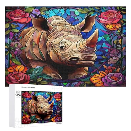 Holzpuzzle für Erwachsene, 300/500/1000 Teile, abstraktes Buntglas-Nashorn, bunte, naive Kunst, horizontales Holzpuzzle, Geschenke für Männer, Frauen und Senioren, Familienspiel von Generisch