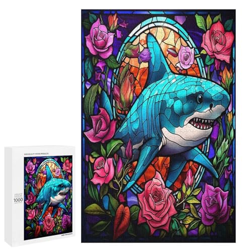 Holzpuzzle für Erwachsene, 300/500/1000 Teile, abstraktes Buntglashai, bunte, naive Kunst, Holzpuzzles, einzigartige Form, Geburtstagsgeschenke für Erwachsene und Kinder, Familienspiel, horizontal von Generisch