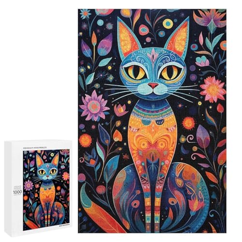 Holzpuzzle für Erwachsene, 300/500/1000 Teile, bunte Blumenkatze, abstrakter Poster-Stil, naive Kunst, Holzpuzzle, einzigartige Form, Geburtstagsgeschenke für Erwachsene und Kinder, Familienspiel von Generisch