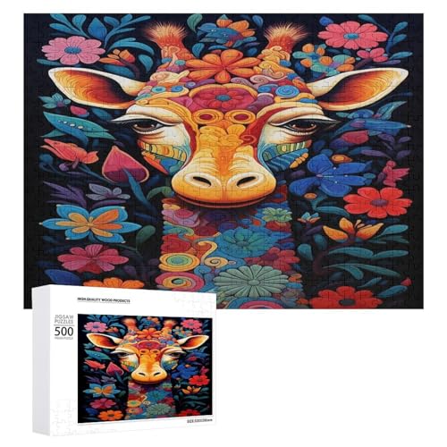 Holzpuzzle für Erwachsene, 300/500/1000 Teile, bunte florale Giraffe, abstrakter Poster-Stil, naive Kunst (2), horizontales Holzpuzzle, Geschenke für Männer, Frauen und Senioren, Familienspiel von Generisch