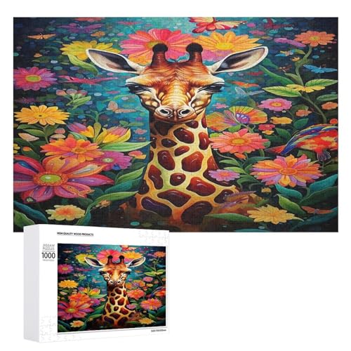 Holzpuzzle für Erwachsene, 300/500/1000 Teile, bunte florale Giraffe, abstrakter Poster-Stil, naive Kunst (3) Horizontales Holzpuzzle, Geschenke für Männer, Frauen und Senioren, Familienspiel von Generisch