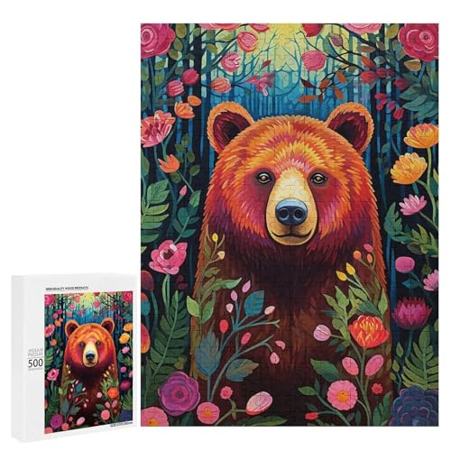 Holzpuzzle für Erwachsene, 300/500/1000 Teile, bunter Blumenbär, abstrakter Poster-Stil, Holzpuzzle, einzigartige Form, Geburtstagsgeschenke für Erwachsene und Kinder, Familienspiel, horizontal von Generisch